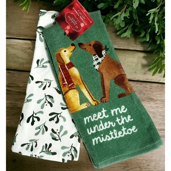 St. Nicholas Square Other - New Dogs Christmas Towel Set Of 2 Meet Under Mistletoe Kitchen Puppy Pet Holiday